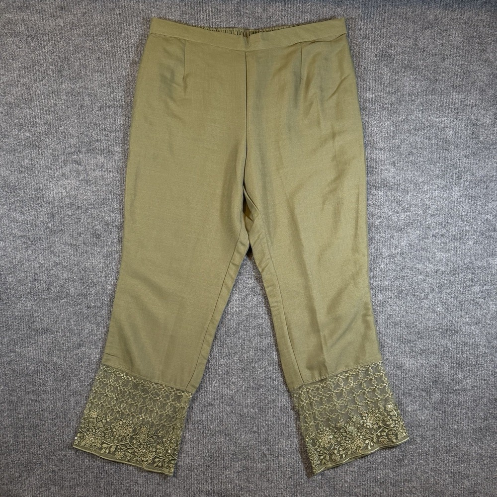 Green Cropped Straight Pants Beaded Embroidered Hem Elastic Waist Womens XL